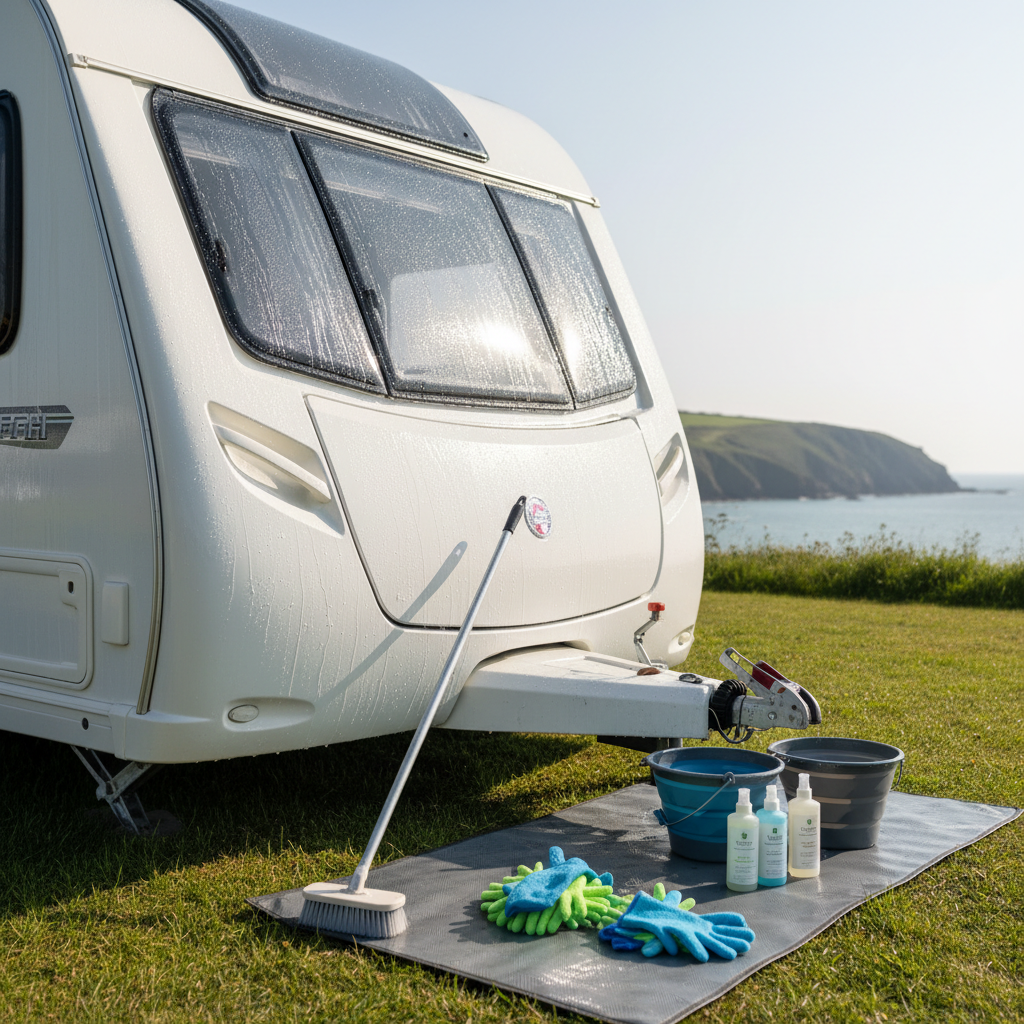 A wet, freshly cleaned caravan exterior glistening under bright but diffused daylight, water droplets beading on windows and smooth white panels. The caravan is positioned on a coastal North Devon campsite with short, vibrant grass and a hint of cliffs and sea in the far background, gently blurred for depth. On the ground in the foreground, a tidy arrangement of cleaning tools—soft-bristle brush, microfiber mitts, buckets, and eco-friendly product bottles with non-readable labels—rests on a protective mat. Captured at a low-angle, three-quarter front view, the photographic realism highlights reflections and surface texture, creating a crisp, refreshing, and reassuringly thorough impression of premium caravan cleaning services.