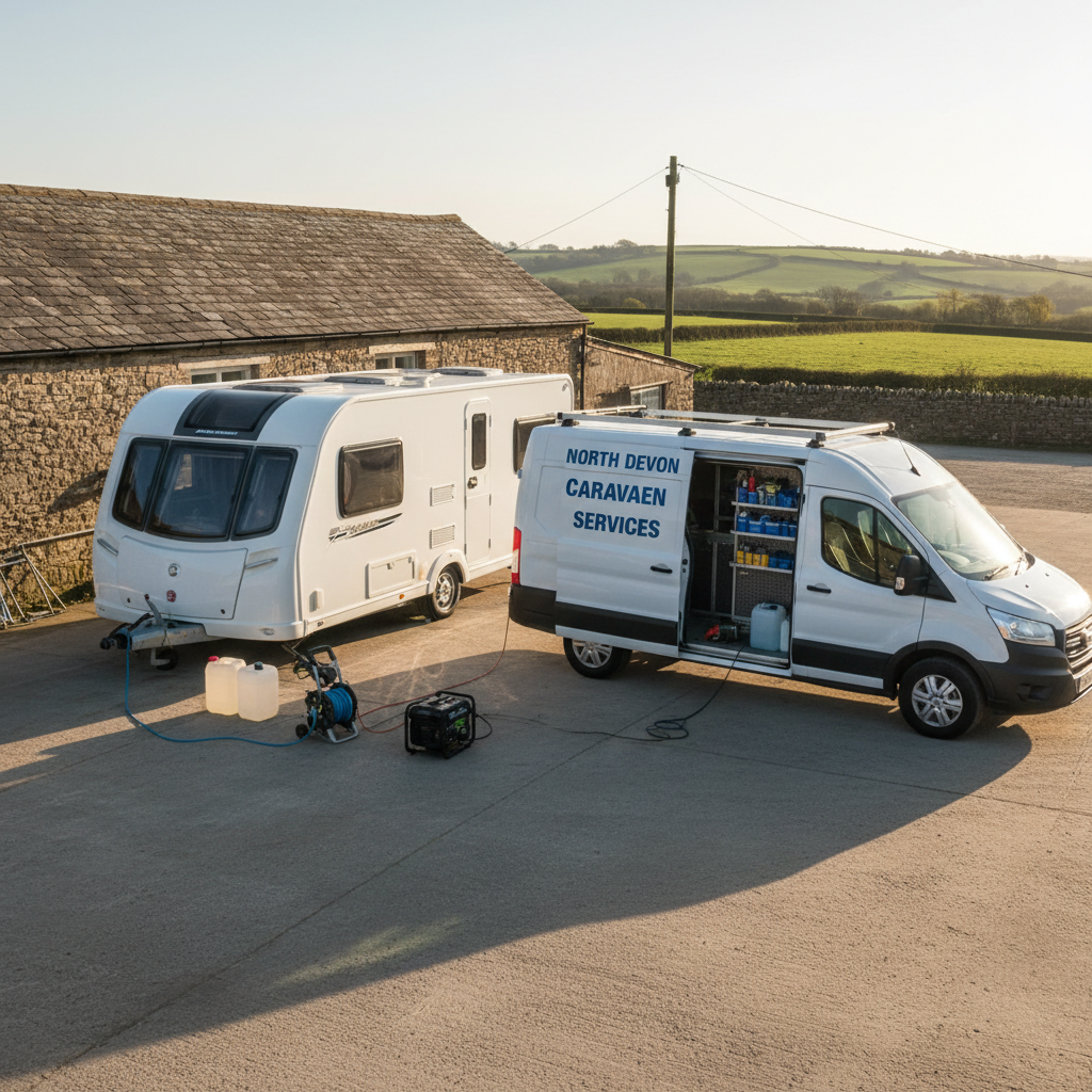 A mobile caravan servicing setup captured in a North Devon farmyard, with a white touring caravan positioned beside a clean, well-equipped service van. Around the caravan, pressure washer, extension hoses, water containers, and a compact generator are neatly laid out on level concrete, suggesting active preparation for a full external wash and chassis check. The surrounding environment includes stone farm buildings and distant green fields under soft, late-afternoon golden light, warming the scene and adding gentle, elongated shadows. Shot from a slightly elevated, three-quarter angle, the photographic composition balances the caravan and service vehicle while keeping the background subtly out of focus, conveying a calm, efficient, and highly professional mobile operation that comes directly to rural customers.
