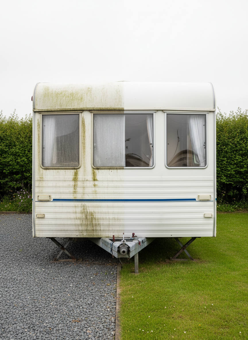 A static caravan on a rural North Devon site shown in a dramatic before-and-after cleaning composition: the left half of the exterior dull, streaked, and weathered; the right half gleaming, bright, and freshly washed. The join is perfectly vertical, clearly emphasizing the transformation without using text. The caravan sits on a tidy pitch with gravel, short grass, and a hint of nearby hedgerow. Soft, diffused daylight from an overcast sky ensures even lighting and accurate color, with mild reflections on clean windows. Shot straight-on at eye level with sharp focus and symmetrical framing, the photographic realism underscores effectiveness and reliability of professional caravan cleaning services.