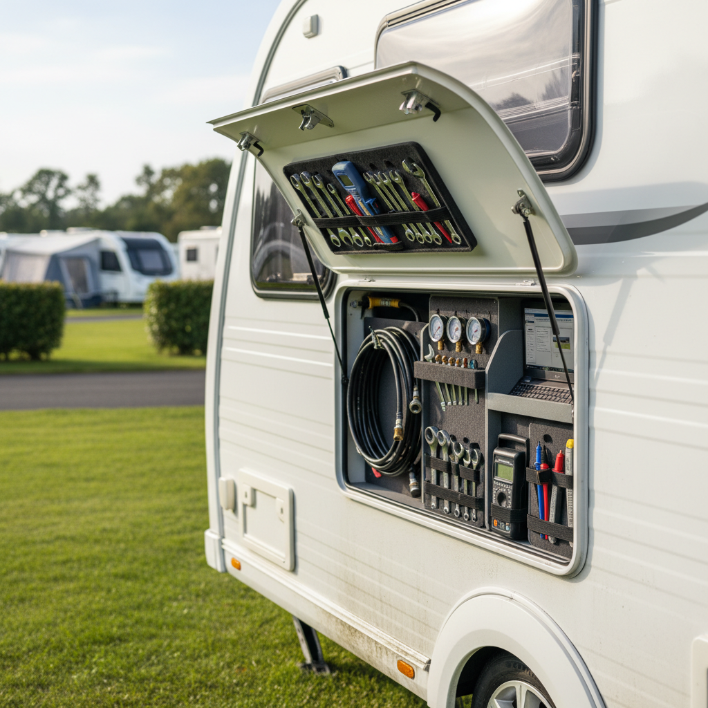 A close-up, photographic view of a caravan’s side panel with an access hatch open, revealing meticulously organized servicing tools, hoses, and diagnostic equipment. The caravan’s white exterior shows a clear contrast between a freshly cleaned section and a duller, uncleaned area, demonstrating work in progress. The scene is set on a quiet North Devon holiday park pitch with trimmed grass and hedges softly out of focus in the background. Gentle late-morning natural light creates crisp highlights on metal tools and subtle reflections on the caravan’s surface. Captured from a slightly angled, waist-height perspective with shallow depth of field, the composition feels technical yet approachable, conveying precision, care, and professional expertise in mobile caravan maintenance.
