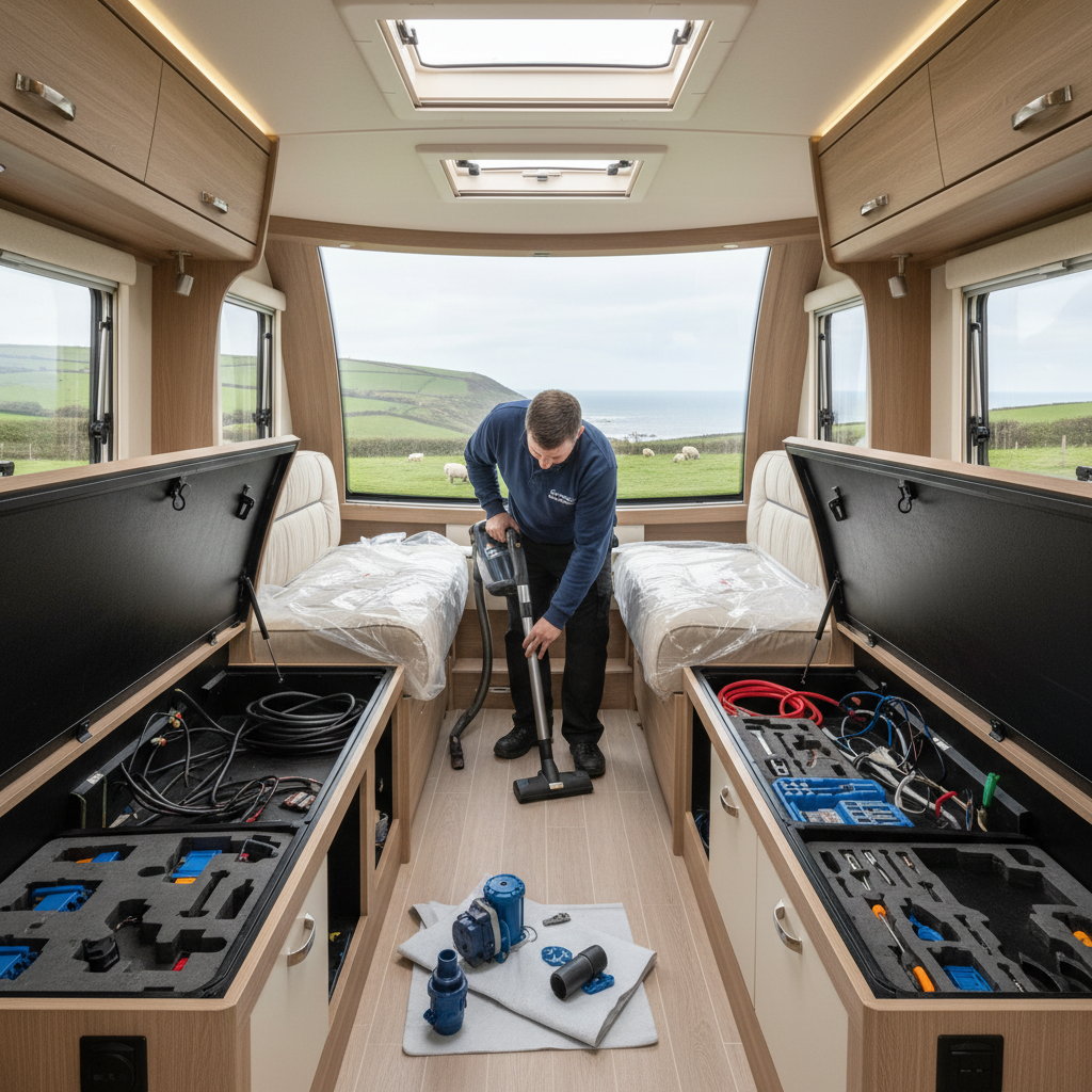 An interior view of a touring caravan undergoing a mobile service, with storage benches open to reveal neatly arranged components, a water pump partially disassembled, and a compact vacuum removing fine dust from floor corners. Materials such as light oak-effect cabinets, cream upholstery, and brushed metal fixtures are clearly visible. The caravan is parked near a North Devon coastal field, hinted at through the slightly blurred window view of green hills and blue-grey sea. Soft natural daylight flows through skylights and windows, creating a clean, airy feel. Photographed from a slightly elevated, wide-angle perspective, the composition maintains sharp focus throughout, emphasizing tidiness, safety, and the thoroughness of professional interior servicing and cleaning.